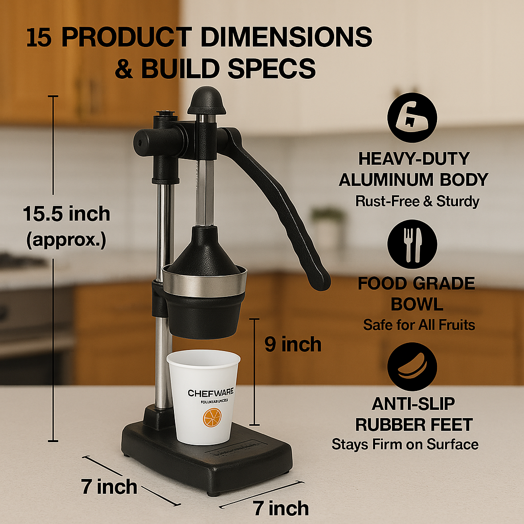 Chefware Deluxe Black Juicer – Aluminum Hand Press for Citrus Fruits & Vegetables | Big Size | Made in India