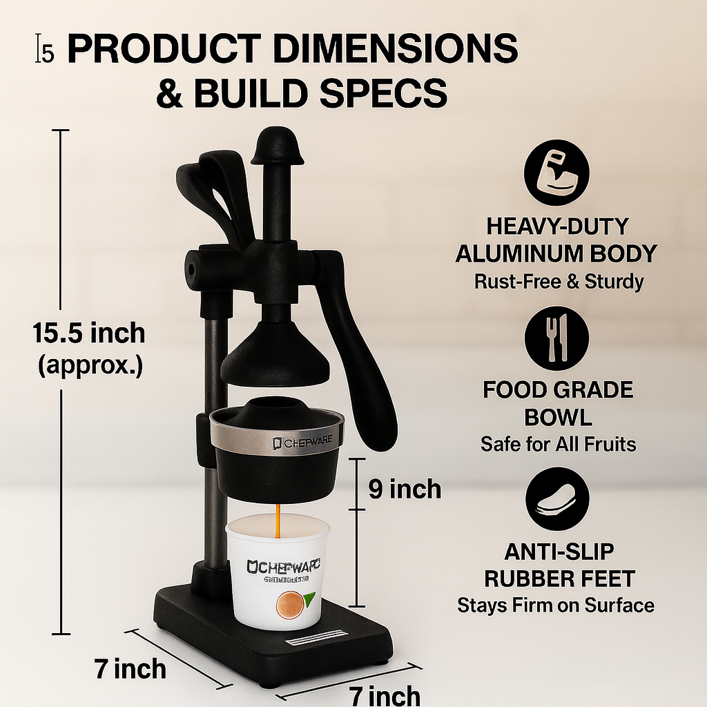 CHEFWARE Juice Pro – Heavy-Duty Aluminum Hand Press Juicer (Black, Made in India)