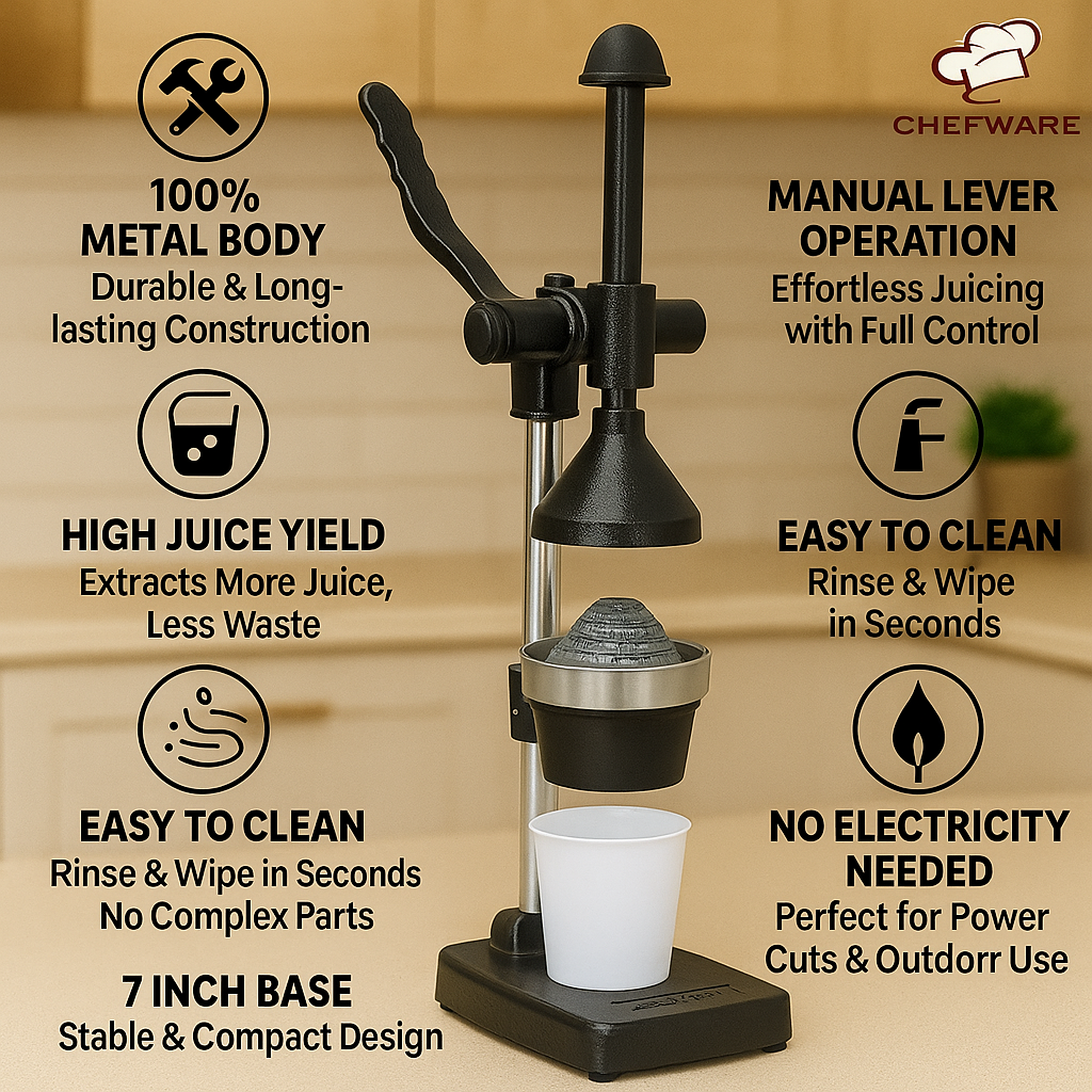 Chefware Deluxe Black Juicer – Aluminum Hand Press for Citrus Fruits & Vegetables | Big Size | Made in India