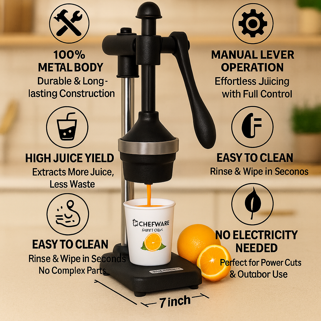 CHEFWARE Juice Pro – Heavy-Duty Aluminum Hand Press Juicer (Black, Made in India)