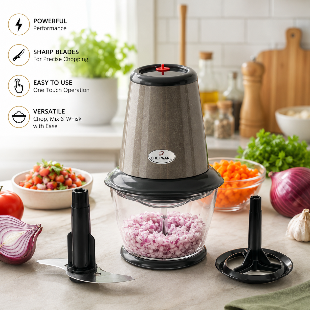 Chefware Apex Electric Food Chopper with Whisk Attachment | One-Touch Chopper