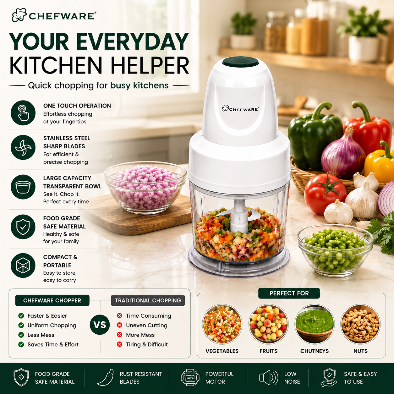 Chefware Corel One-Touch Electric Mini Chopper for Kitchen | Vegetable, Fruit & Nut Chopper