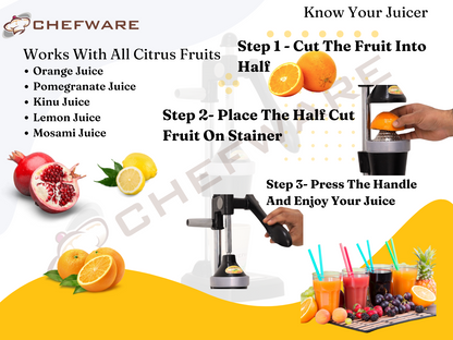 CHEFWARE Aluminum Instant Hand Press Citrus Fruits and Vegetable Juicer, Big, Black,100% Made In India (Deluxe)