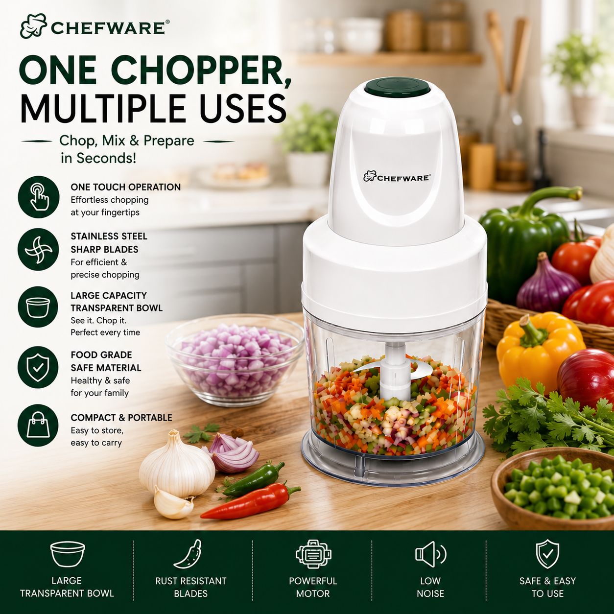 Chefware Corel One-Touch Electric Mini Chopper for Kitchen | Vegetable, Fruit & Nut Chopper