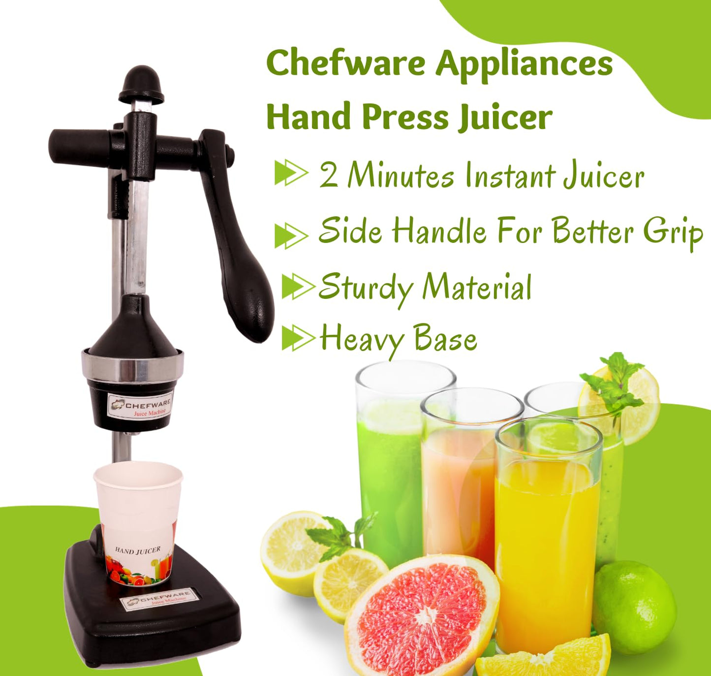 CHEFWARE Aluminum Instant Hand Press Citrus Fruits and Vegetable Juicer, Big, Black,100% Made In India (Juice Pro Black)