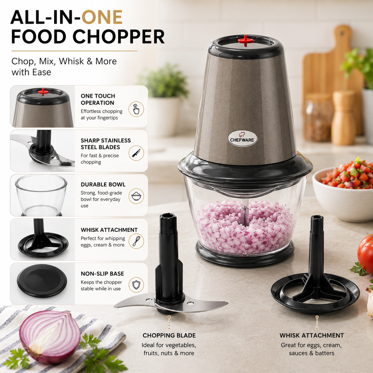 Chefware Apex Electric Food Chopper with Whisk Attachment | One-Touch Chopper
