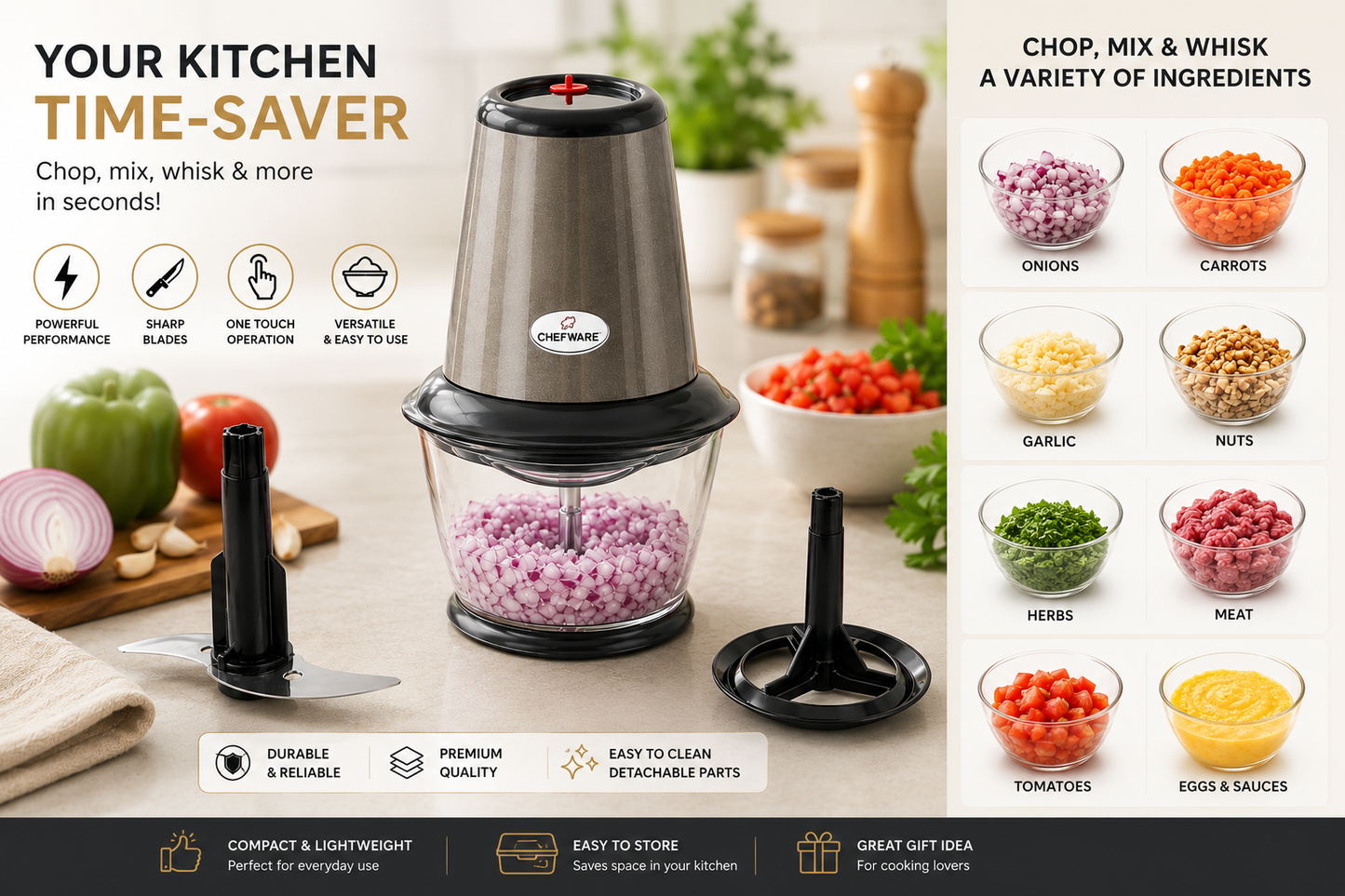 Chefware Apex Electric Food Chopper with Whisk Attachment | One-Touch Chopper