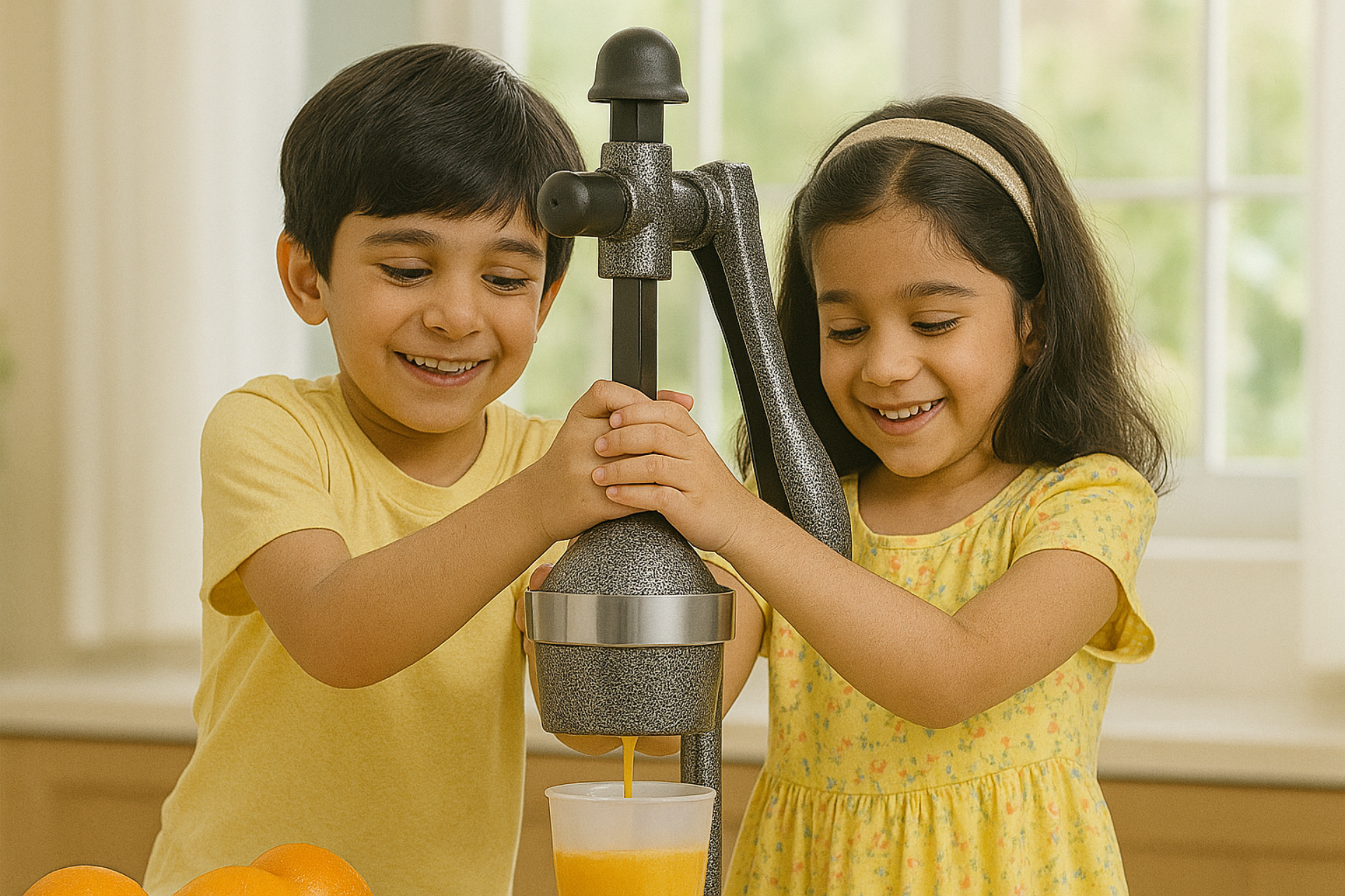 Two children using a manual juicer to extract juice from oranges in a bright kitchen.