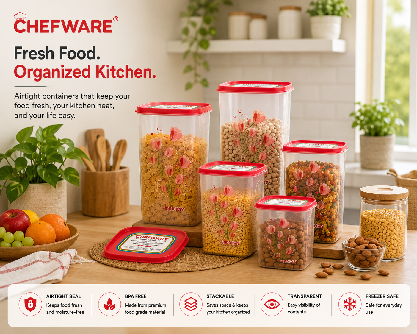 Chefware StoreX Premium Airtight Plastic Storage Container Set (5 Pieces) | BPA Free Kitchen Pantry Organizers