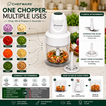 Chefware Corel One-Touch Electric Mini Chopper for Kitchen | Vegetable, Fruit & Nut Chopper