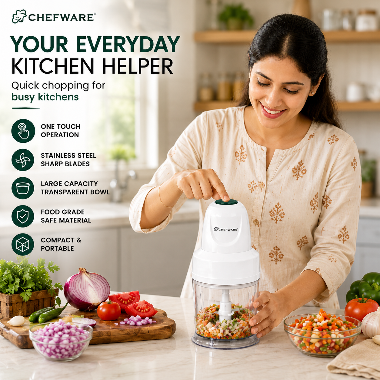 Chefware Corel One-Touch Electric Mini Chopper for Kitchen | Vegetable, Fruit & Nut Chopper