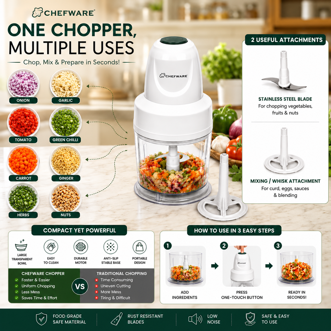 Chefware Corel One-Touch Electric Mini Chopper for Kitchen | Vegetable, Fruit & Nut Chopper