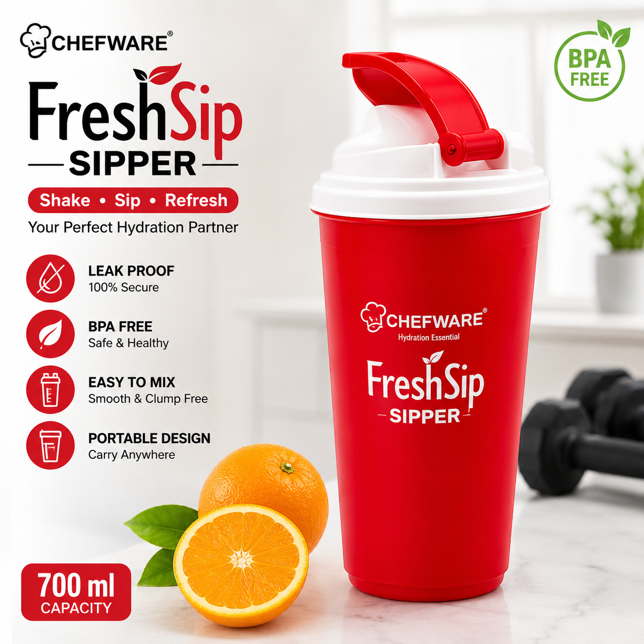 Chefware FreshSip Protein Shaker Bottle | Leak Proof Gym Sipper