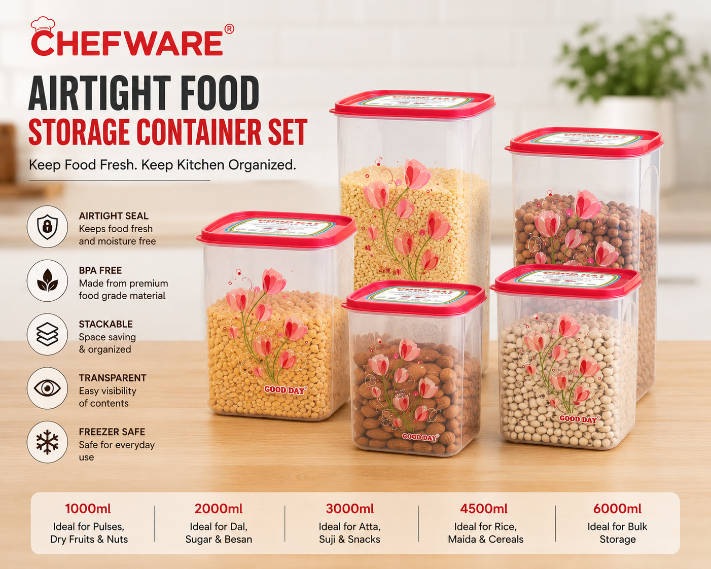 Chefware StoreX Premium Airtight Plastic Storage Container Set (5 Pieces) | BPA Free Kitchen Pantry Organizers